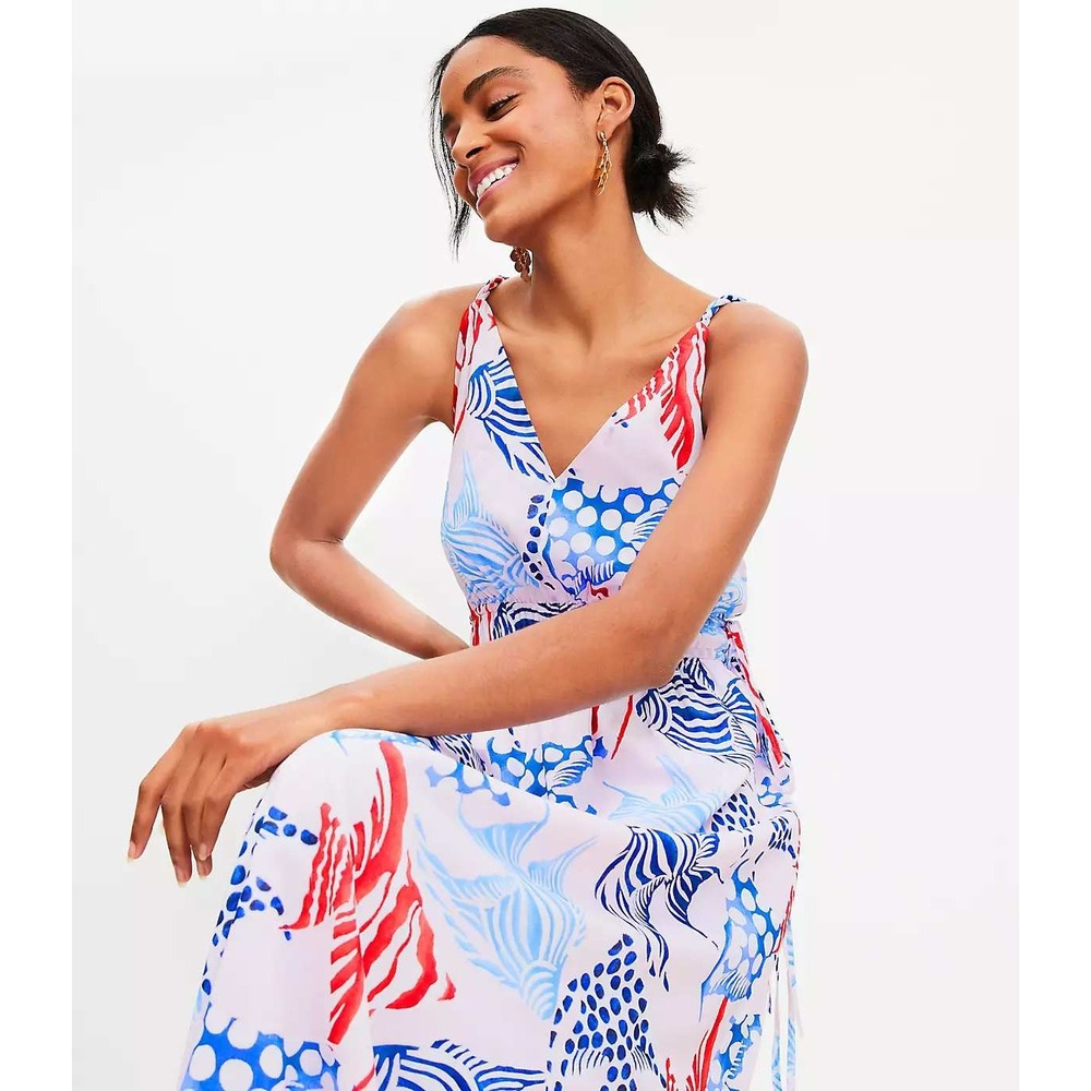 LOFT Pink Blue Red‎ Tropical Fish Print Smocked Waist Maxi Dress Womens Size XS